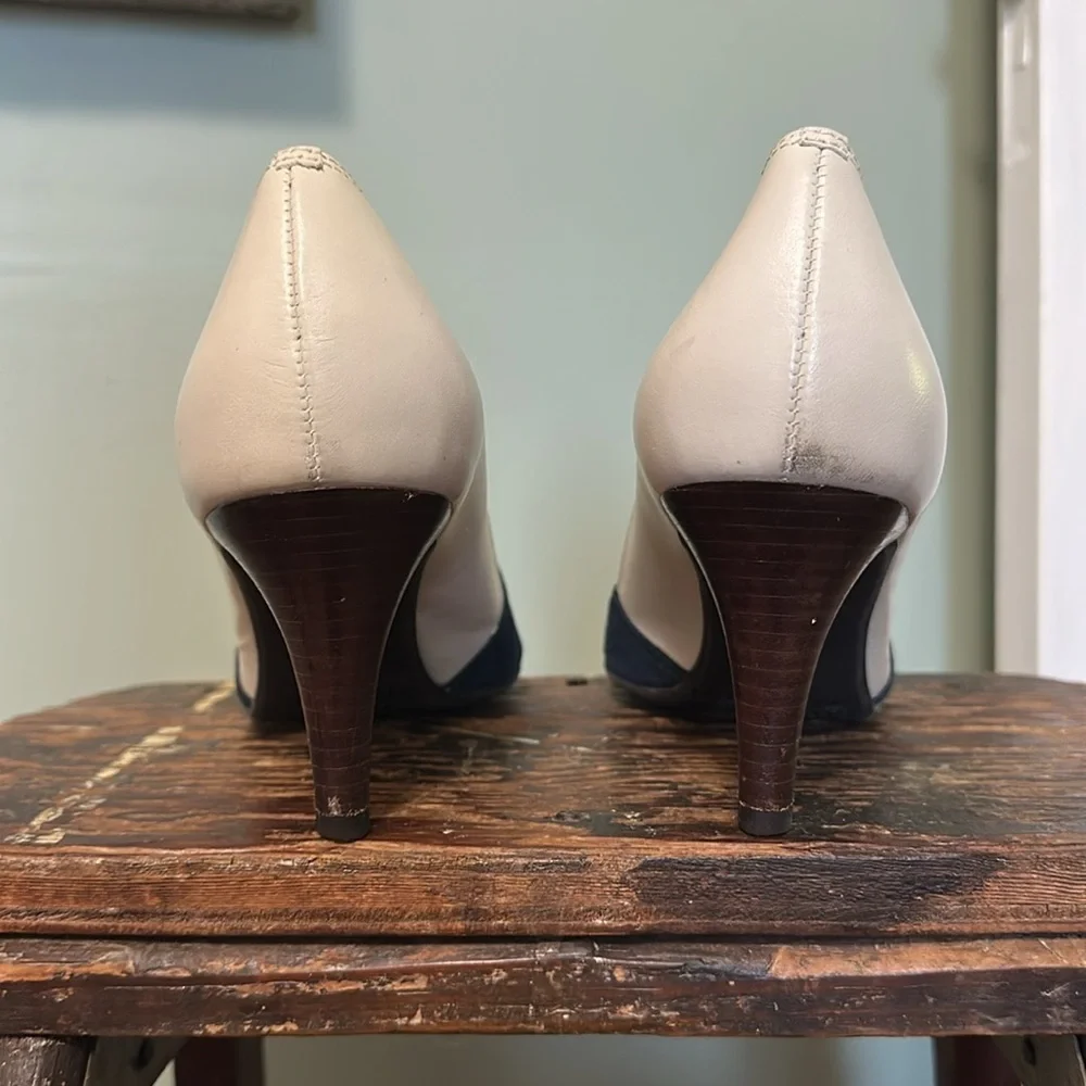 Talbots Navy and Cream Two-Tone Leather and Suede Peep Toe Heels